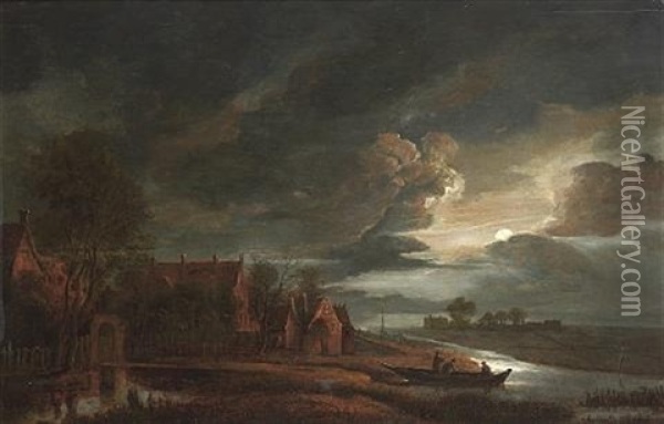 A Moonlit River Landscape With Figures In A Boat And Village Buildings Along The Bank Oil Painting - Anthonie Van Borssom