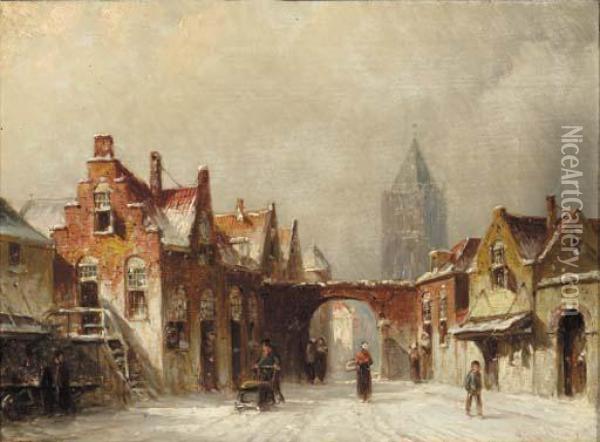 Busy Street In A Town In Winter; Figures On A Townsquare Insummer Oil Painting - Pieter Gerard Vertin