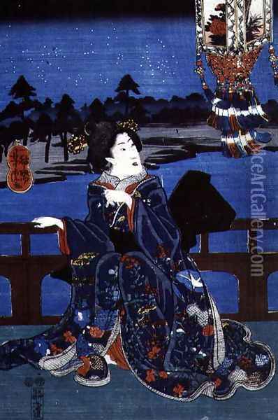 Girl on a Verandah at Night, 1850-51 Oil Painting - Utagawa Yoshitora