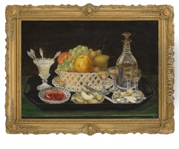 Still Life With Fruit Basket And Dessert Wine Oil Painting - Christian August Printz