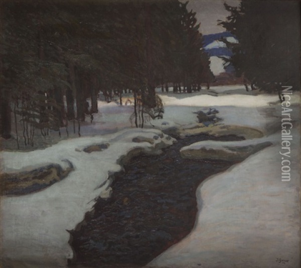 Stream In A Winter Oil Painting - Jakob Glasner