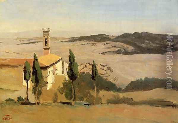 Volterra - Church and Bell Tower Oil Painting - Jean-Baptiste-Camille Corot