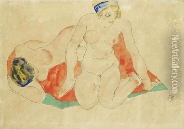 Reclining And Seated Female Nudes On A Red And Green Cloth Oil Painting - Egon Schiele