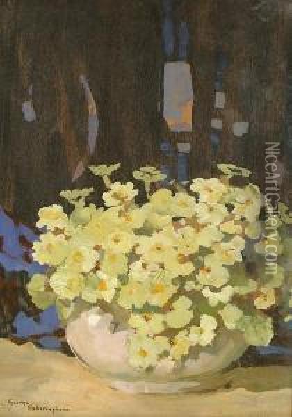 Still Life Of Primroses In A Bowl. Oil Painting - George Sheringham