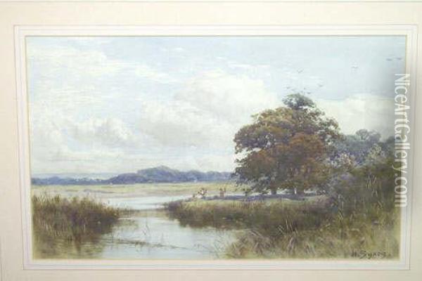 Kes R.b.a. Summer Landscape With Figures Fishing Beside A River Signed Oil Painting - Henry Robert Robertson
