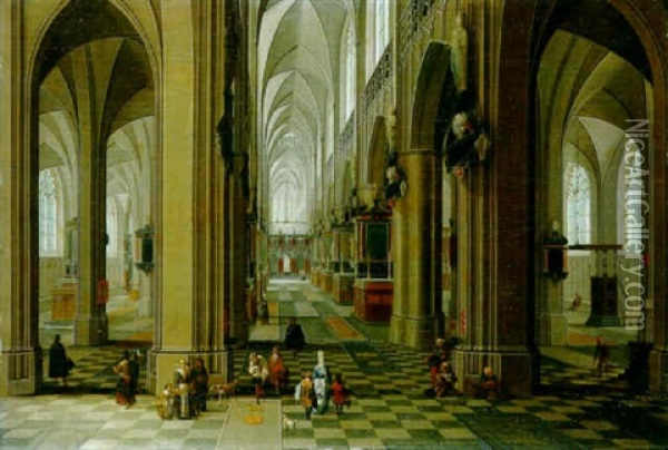 The Interior Of A Gothic Cathedral With Townfolk And Pilgrims Oil Painting - Peeter Neeffs the Elder