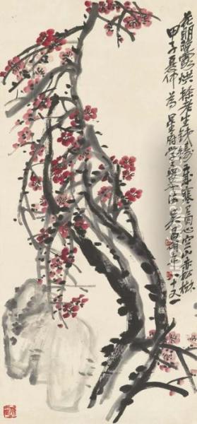 Red Plum Blossoms Oil Painting - Wu Changshuo