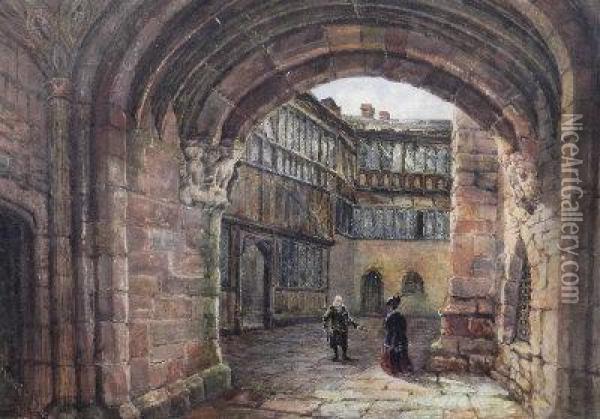 Figures In An Elizabethan Courtyard Oil Painting - Oliver Baker
