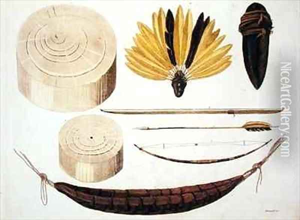 Tools weapons and utensils of Puri and Botocudos tribes Rio Grande region Oil Painting - Paolo Fumagalli