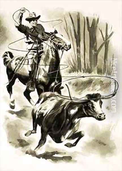 A cowboy ropes a steer from horseback with a lasso Oil Painting - Henry Charles Fox