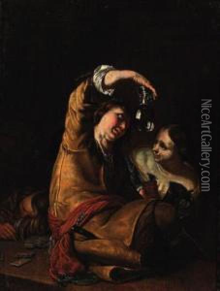 A Guard Holding An Upturned Roemer With A Serving Wench In Atavern Oil Painting - Frans van Mieris