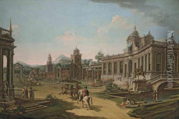 Andfrancesco Fontebasso Capriccio Of A Palace Complex With A Horse-drawn Carriage Andcavalry In Eastern Dress, Mountains Oil Painting - Francesco Battaglioli