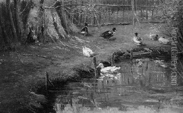 Ducks In A Farmyard Oil Painting - John Frederik Hulk the Younger