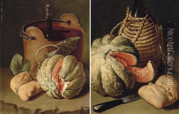 A Bottle Of Wine, A Glass, A Melon, A Bread Roll And A Knife On A Stone Floor (+ A Wine Bottle In A Bucket, A Melon, Vine Leaves And A Bread Roll On A Stone Ledge; Pair) Oil Painting - Giacomo Ceruti