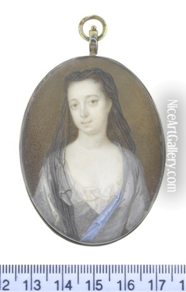 A Lady, Wearing Grey Robe With Blue Lining Over Her White Chemise, Her Dark Hair Upswept, Supporting A Sheer Black Veil Falling Before Her Right Shoulder Oil Painting - Bernard (Goupy) Lens III
