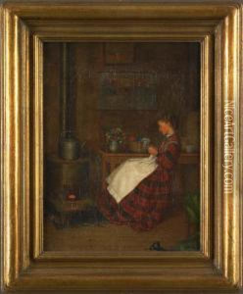 Scene With A Young Girl Sewing Oil Painting - William Henry Snyder