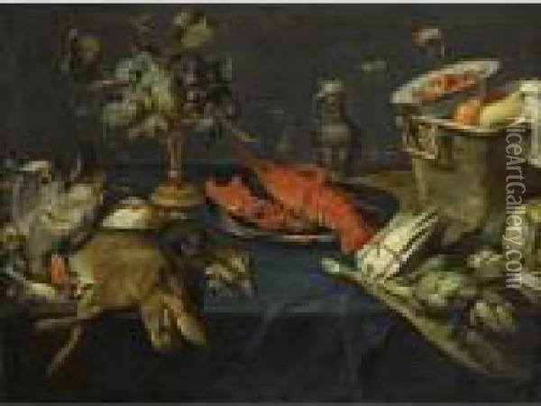 Still Life With A Lobster On A 
Silver Dish, A Dead Hare And Other Game, Blue And White Grapes On A 
Silver-gilt Tazza, Artichokes, Asparagus, A Wan-li Kraak Bowl With 
Strawberries In A Copper Bucket, All Arranged On A Table Draped With A 
Blue Velve Oil Painting - Frans Snyders