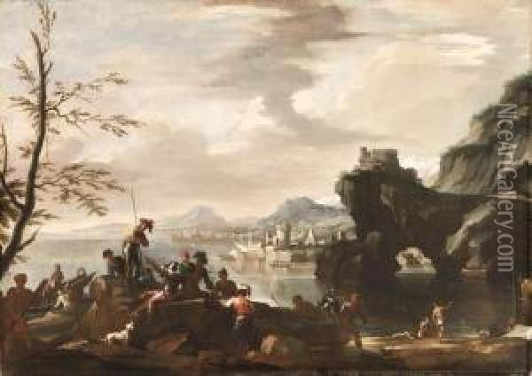 A Mediterranean Coastal Landscape With Banditti In Theforeground Oil Painting - Jacob De Heusch