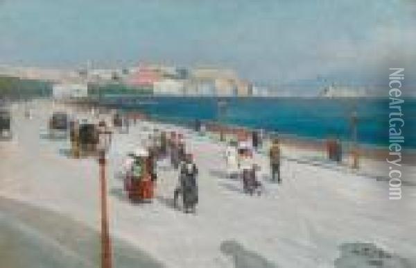 Promenade In Naples With A View Of Vesuvius Oil Painting - Attilio Pratella