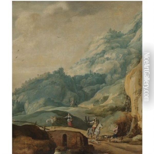 A Mountainous Landscape With A Cavalier And A Huntsman In The Foreground Oil Painting - Jan de Momper