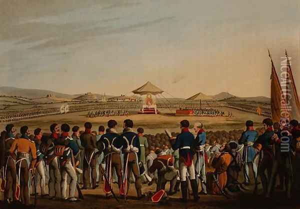The Grand Te Deum on the Field of Battle near Toplitz, Attended by the Allied Sovereigns and Troops, 1813, from 'Historic, Military and Naval Anecdotes', 1816 Oil Painting - John Heaviside Clark