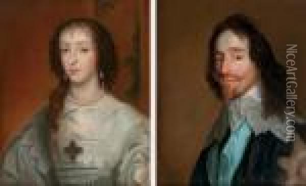 Portrait Of Henrietta Maria; And Portrait Of King Charles I Oil Painting - Sir Anthony Van Dyck