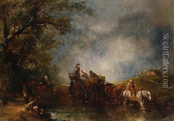 Travelers Crossing A Stream Oil Painting - Alfred Montague