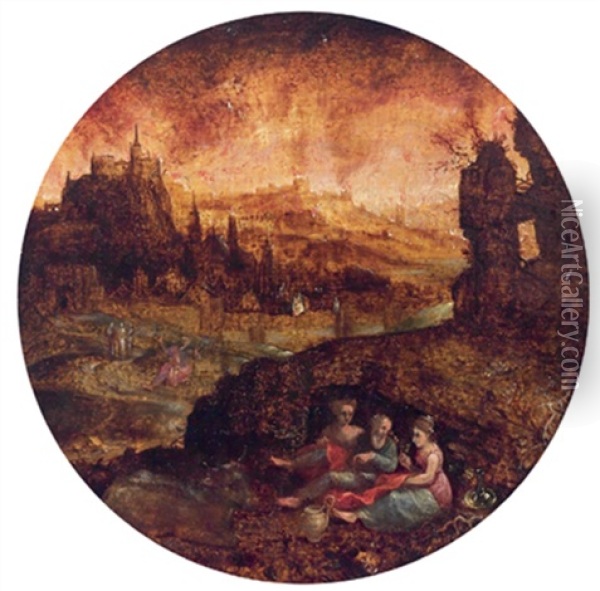 Lot Und Seine Tochter, Im Hintergrund Das Brennende Sodom Oil Painting - Herri met de Bles