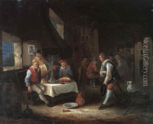 A Tavern Interior With A Soldier Greeting A Group Dining At A Table Oil Painting - Egbert van Heemskerck the Elder