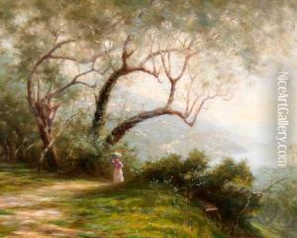 A Coastal Landscape With Woman On A Path Oil Painting - Albert Starling