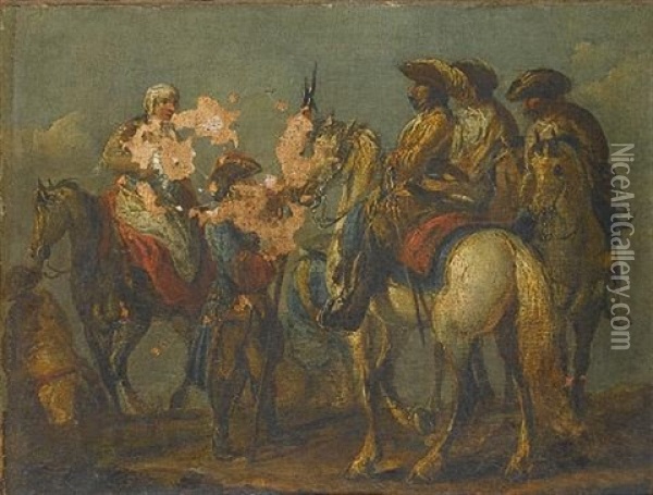 Cavalry Officers Consulting On A Plain (+ A Maid Attending Cavalry Officers; Pair) Oil Painting - Francesco Simonini