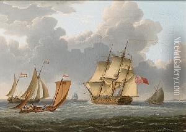 A Royal Navy 32-gun Frigate Making Her Way Through Various Small Craft Off The Coast Oil Painting - William Anderson