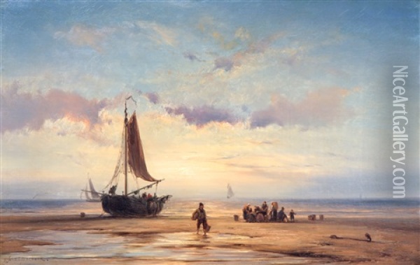Fisherfolk On The Beach At Sunset Oil Painting - Johannes Hermanus Barend Koekkoek