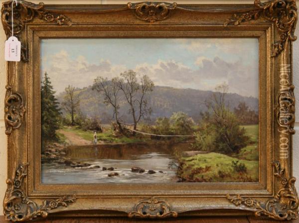 River Scene With Footbridge Oil Painting - Arthur Bevan Collier