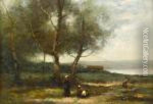 Peasant Women On A Path By Trees Oil Painting - Jean-Baptiste-Camille Corot