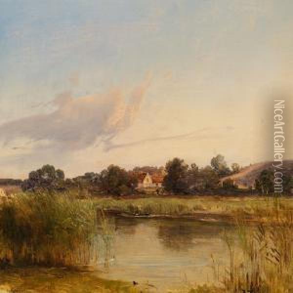 View Of A Lake In The Background A House With A Thatched Roof Oil Painting - Vilhelm Peter Carl Petersen