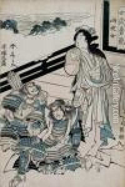 Dame Mit Zwei Samurais Auf Balkon Am Meer Oil Painting - Katsukawa Shuntei