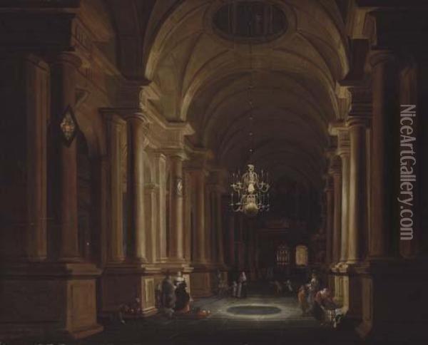 A Darkened Church Interior With Children Playing And Elegant Figures Conversing Oil Painting - Anthonie De Lorme