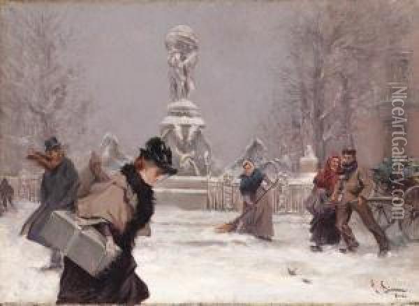A Parisian Square In Winter Oil Painting - Lucien Simon
