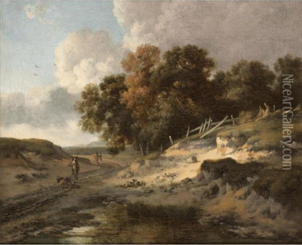A Dune Landscape With A Man And Two Dogs On A Country Road Oil Painting - Jan Wijnants