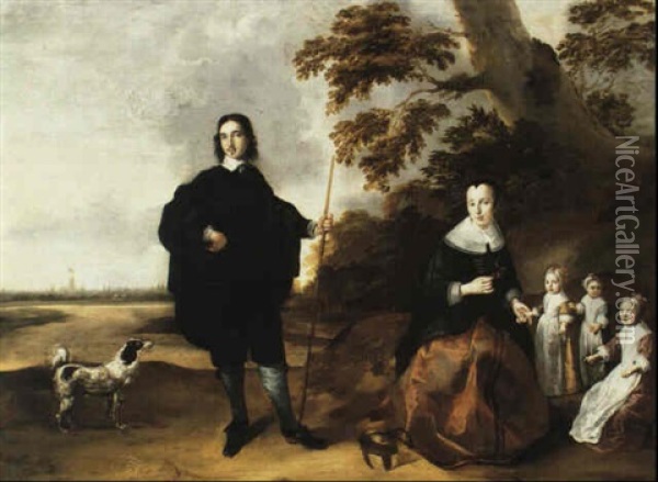 A Group Portrait Of A Family Seated Beneath A Tree With A View Of Utrecht Beyond Oil Painting - Jan Van Bijlert