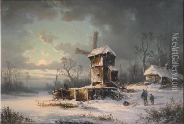 Romantische
 Winterlandschaft Mit Windmuhle Und Personen Oil Painting - Colestin Brugner