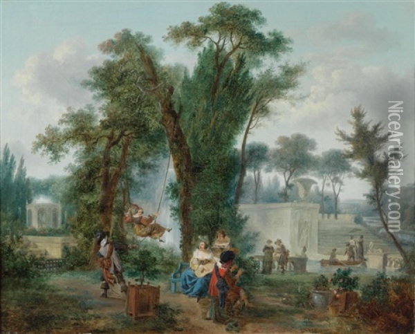 A Merry Party Making Music In A Park Oil Painting - Jean-Louis Demarne