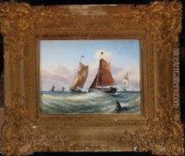 Sailing Vessels Near The Formby Lightship Off Liverpool Oil Painting - William Callow