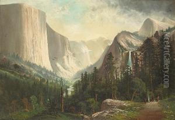 Indians At A Roadside Cookfire With The Yosemite Valley Beyond Oil Painting - John Joseph Englehardt