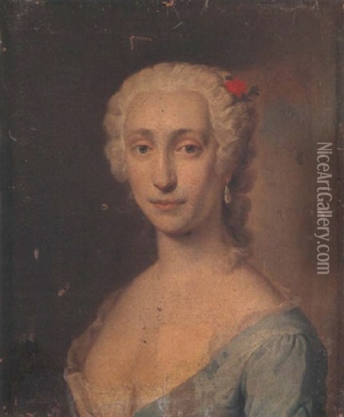 Portrait Of A Lady Wearing A Blue Lace-trimmed Dress And A Red Flower In Her Hair (princess Maria Clementina Sobieska?) Oil Painting - Jacopo Amigoni