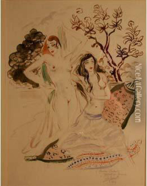 Greuel. - Deux Femmes. 1929 Oil Painting - Arthur Greuell