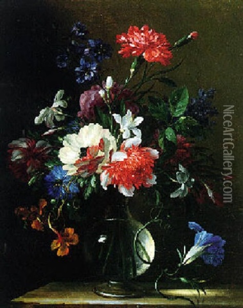 Still Life Of Flowers In A Glass Vase Oil Painting - Nicolas Baudesson