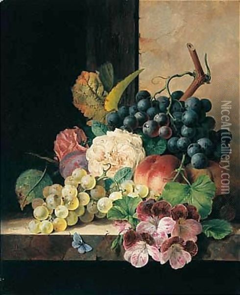 Still Life With Fruit, Flowers And Butterfly Oil Painting - Edward Ladell