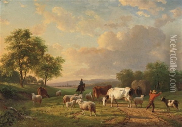 Herding The Cattle At Dusk Oil Painting - Willem Tjarda Van Starkenborgh Stackouwer